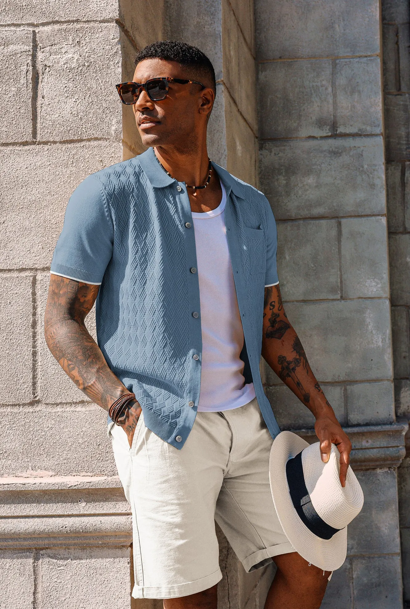 Men's Polo Cardigan Shirt Short Sleeve Textured Button Down Knit Polo Shirts