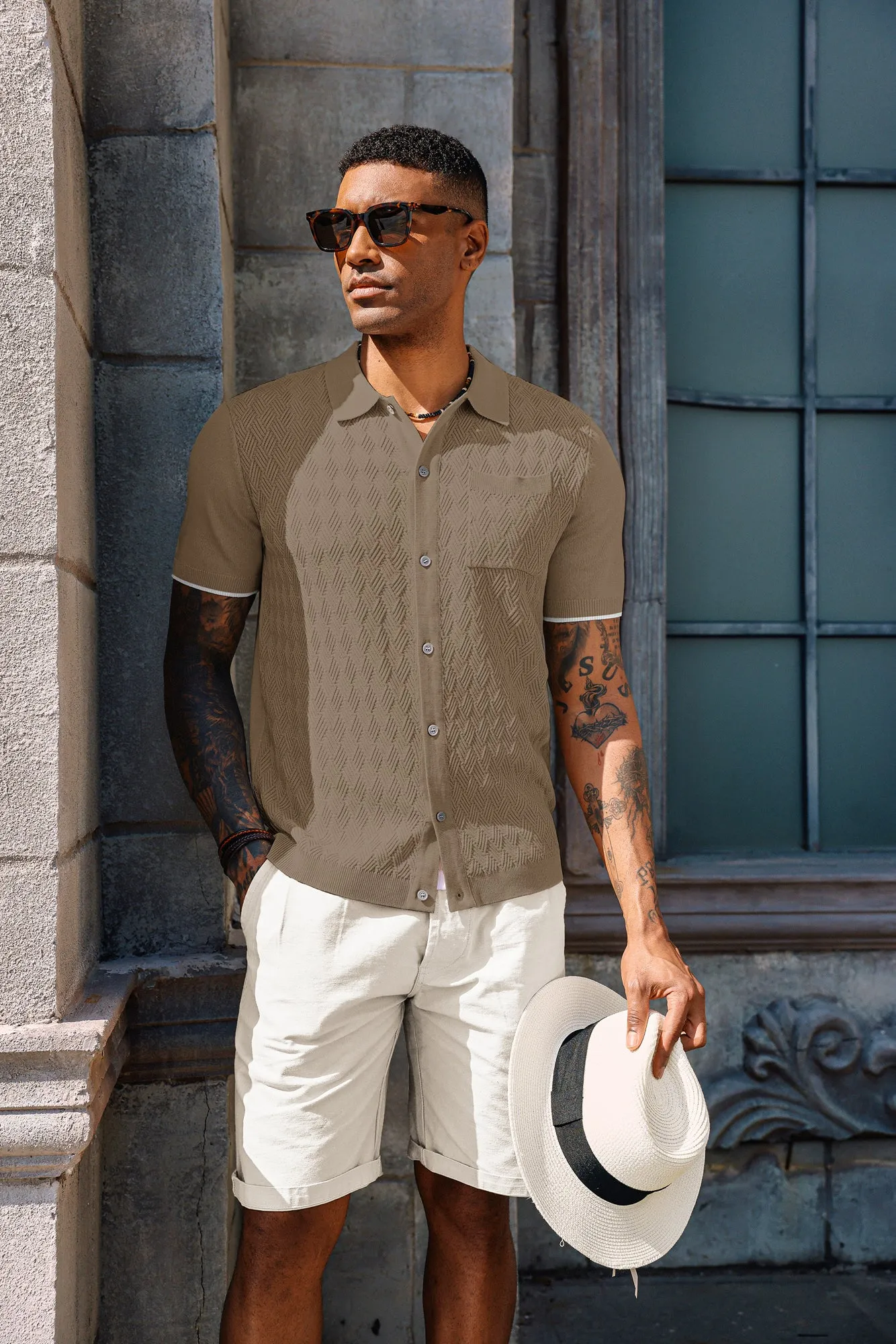 Men's Polo Cardigan Shirt Short Sleeve Textured Button Down Knit Polo Shirts