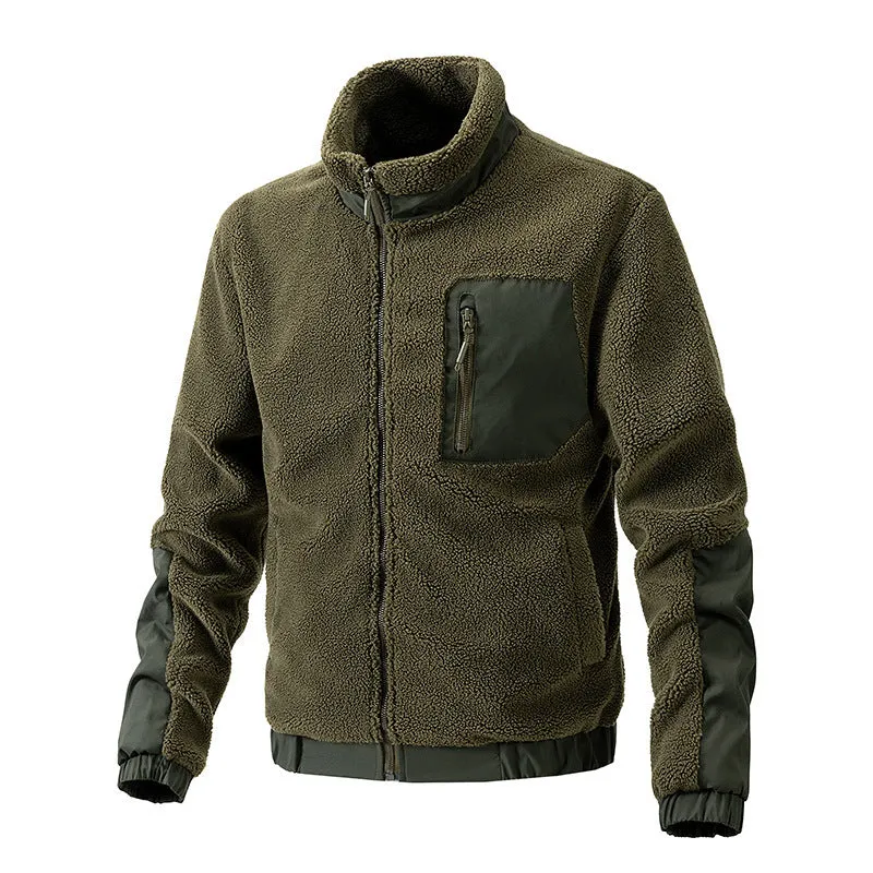 Men's Standing Collar Solid Color Fleece Jacket