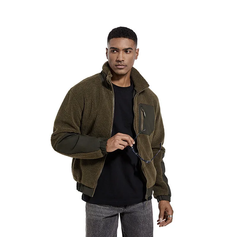 Men's Standing Collar Solid Color Fleece Jacket