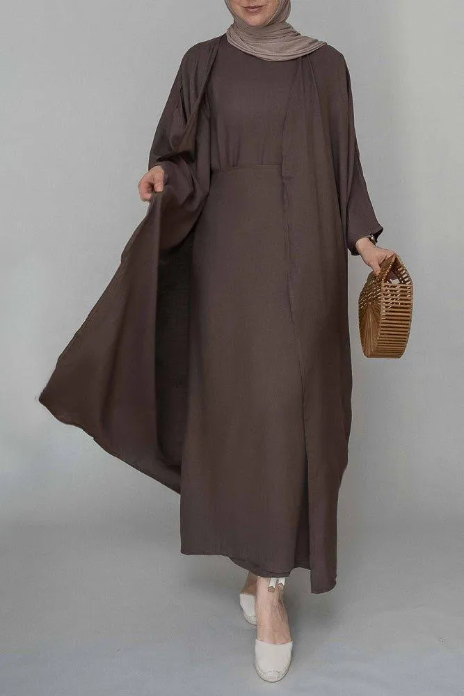 Miray linen natural fabric 3 piece set with inner slip dress, apron and open front abaya in coffee