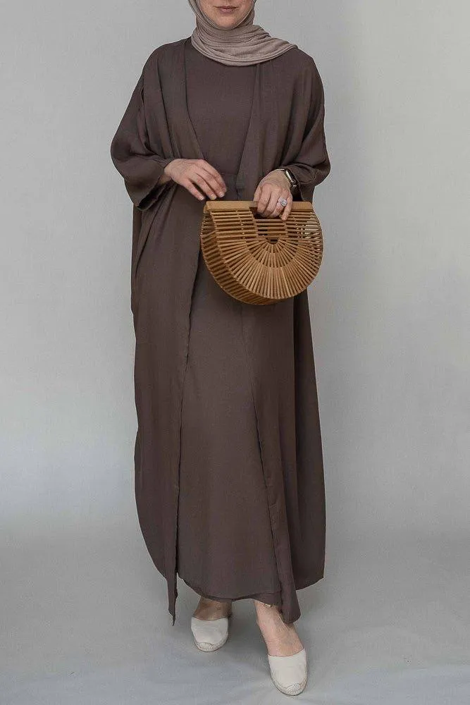 Miray linen natural fabric 3 piece set with inner slip dress, apron and open front abaya in coffee