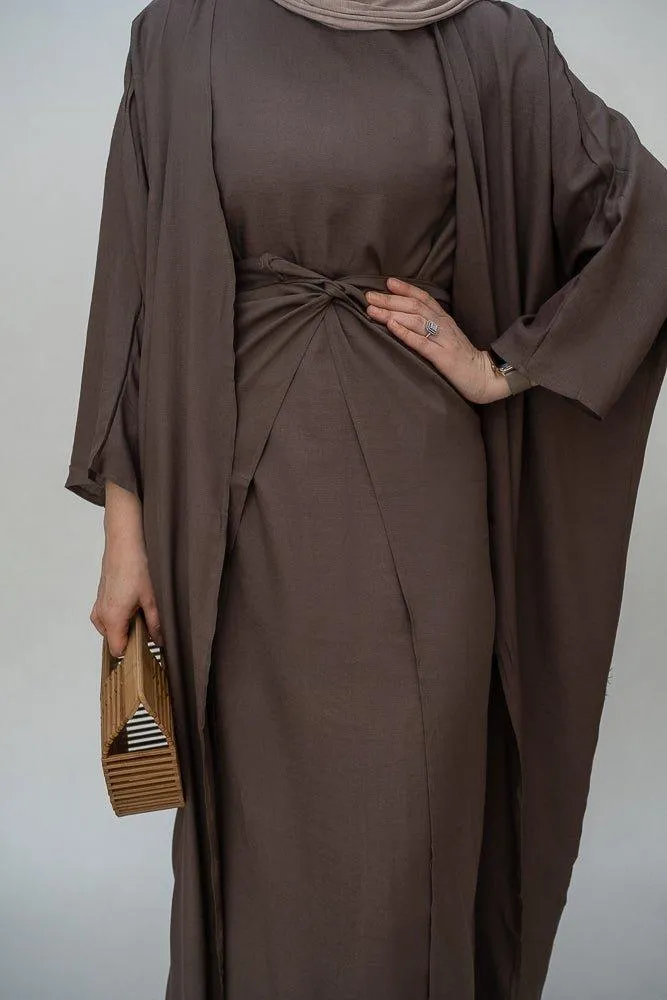 Miray linen natural fabric 3 piece set with inner slip dress, apron and open front abaya in coffee