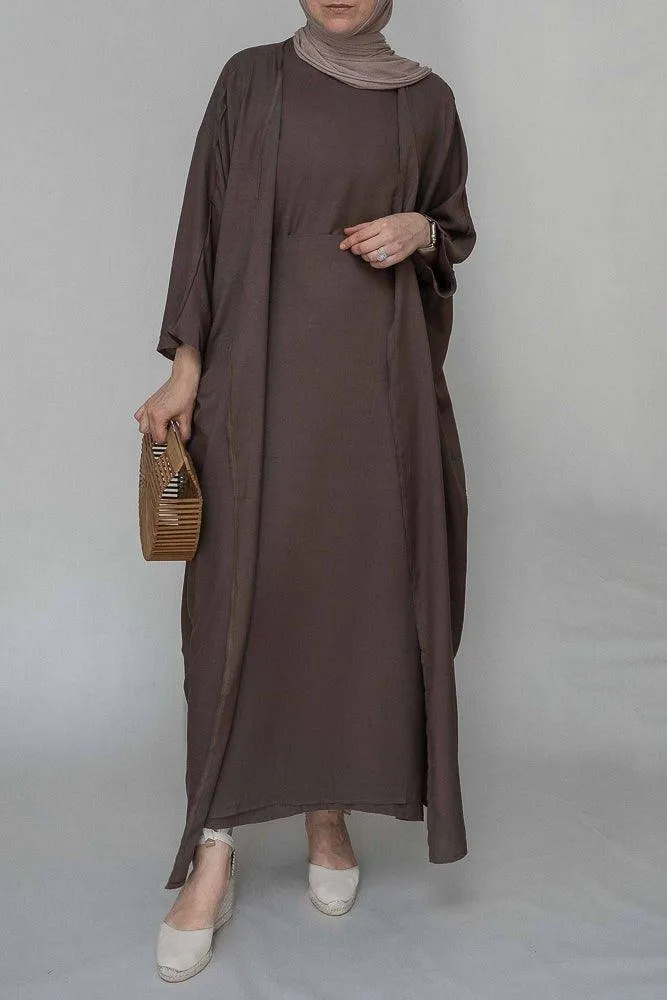 Miray linen natural fabric 3 piece set with inner slip dress, apron and open front abaya in coffee