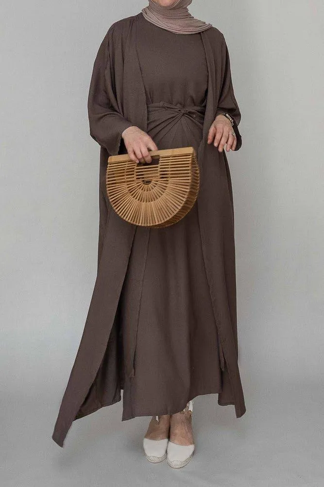 Miray linen natural fabric 3 piece set with inner slip dress, apron and open front abaya in coffee