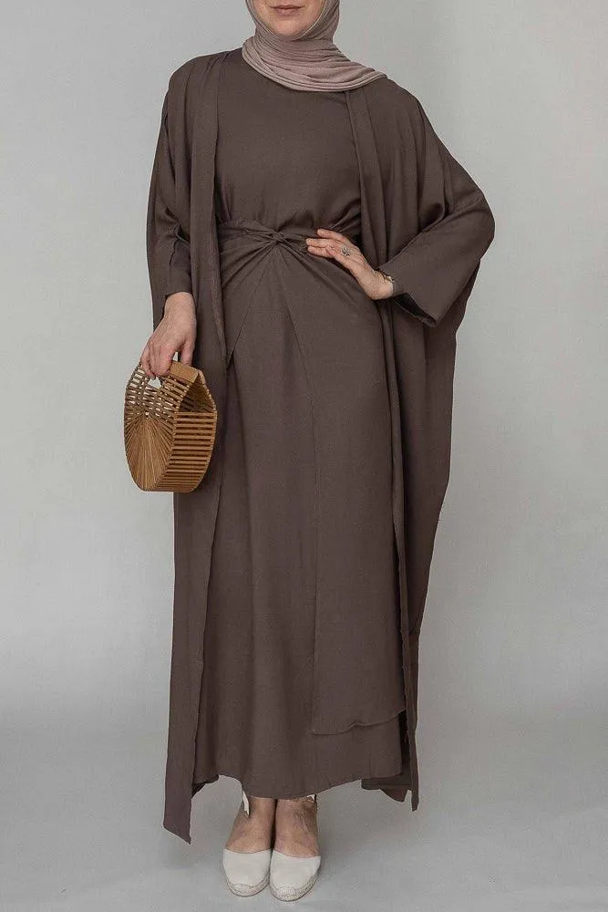 Miray linen natural fabric 3 piece set with inner slip dress, apron and open front abaya in coffee