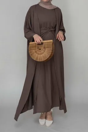 Miray linen natural fabric 3 piece set with inner slip dress, apron and open front abaya in coffee