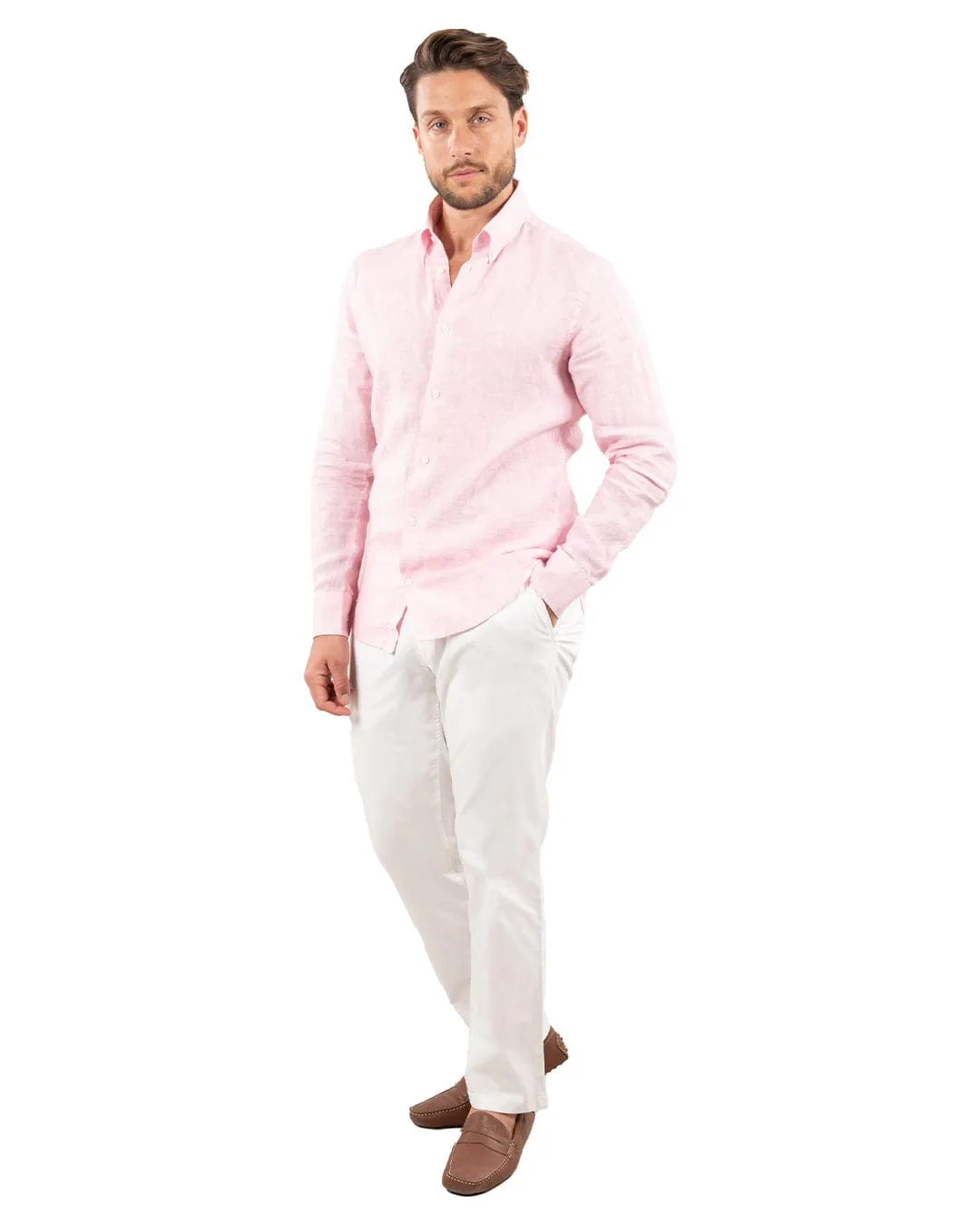 Pink Slim Fit Linen Button Down Shirt