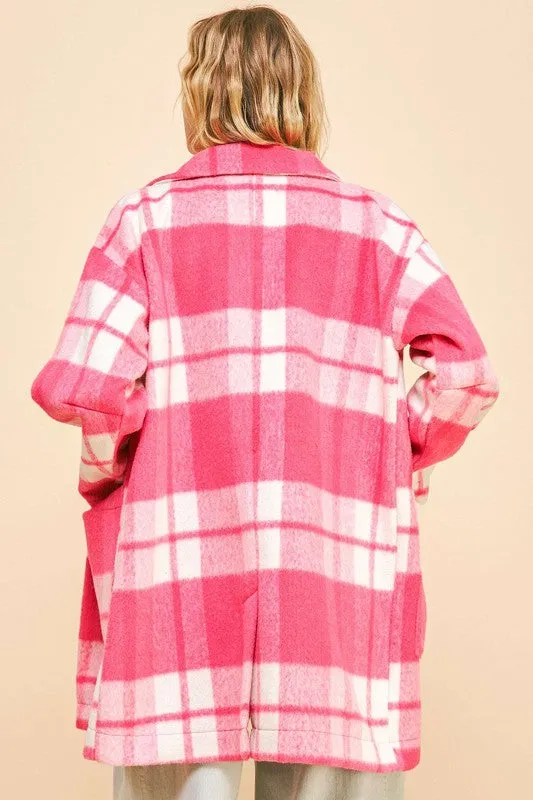 Plaid Open Front Drop Shoulder Longline Coat