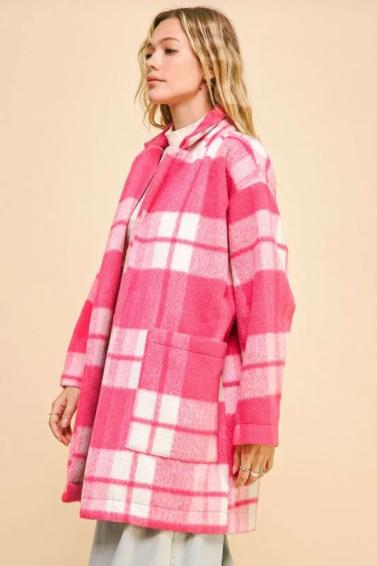 Plaid Open Front Drop Shoulder Longline Coat