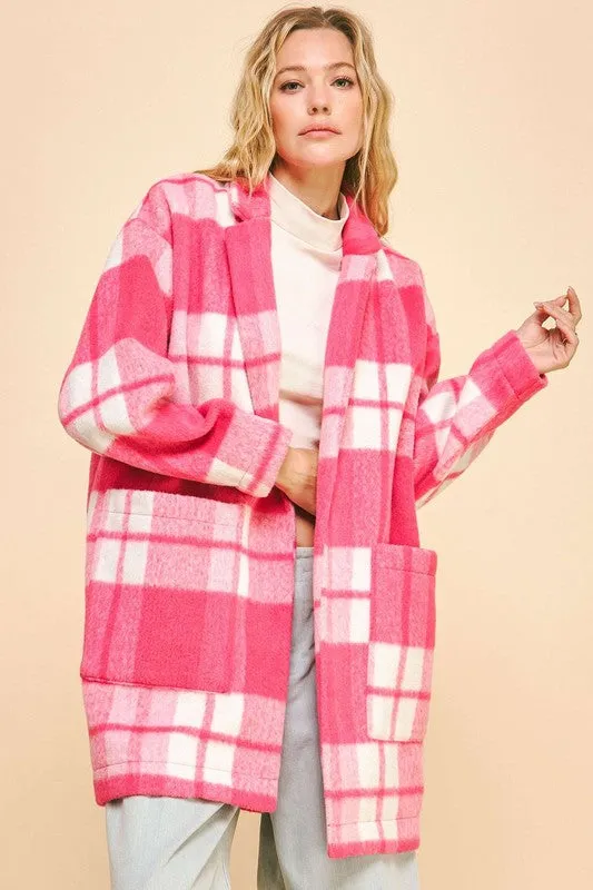 Plaid Open Front Drop Shoulder Longline Coat