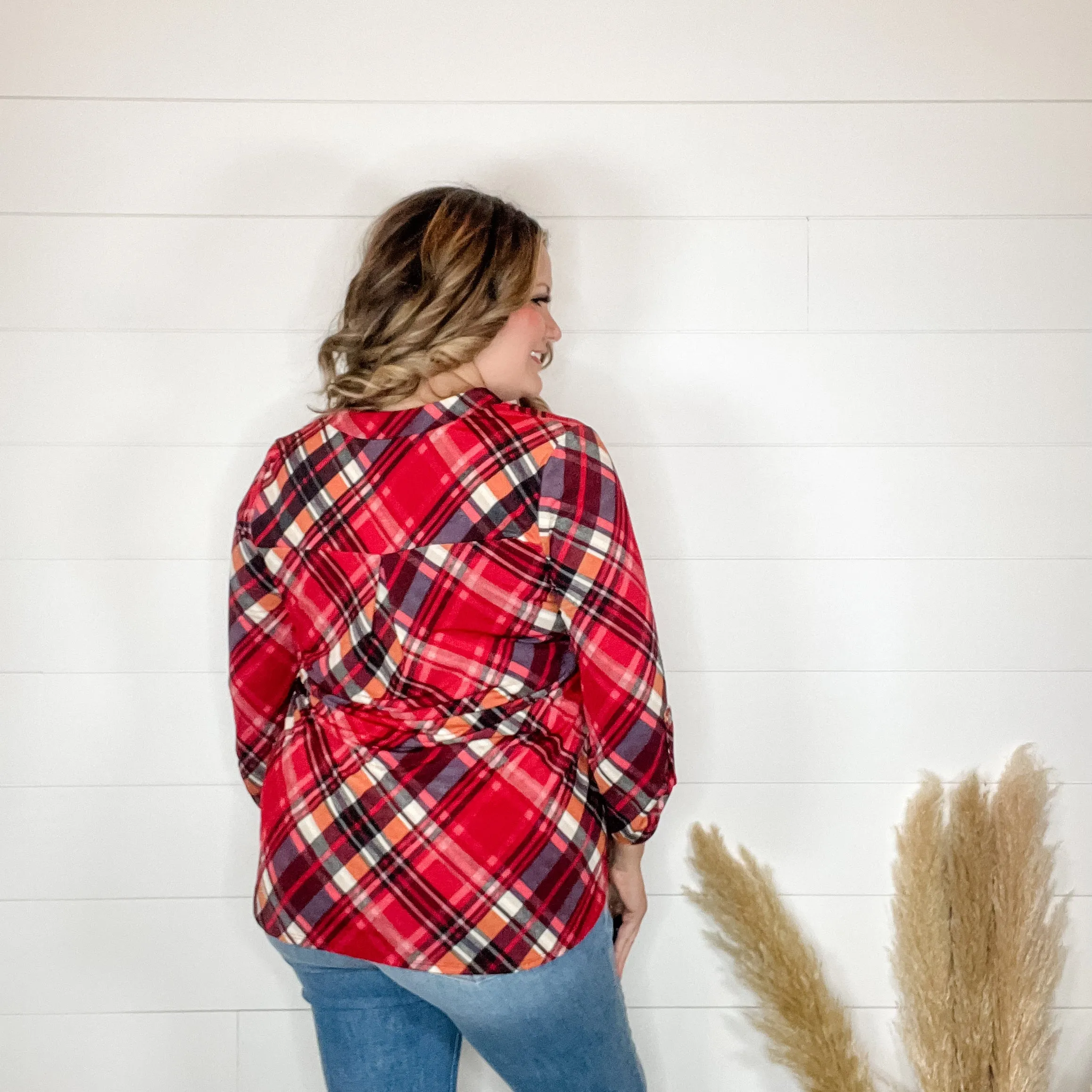 "Apple Crisp" Plaid Lizzy 3/4 Sleeve Split Neck