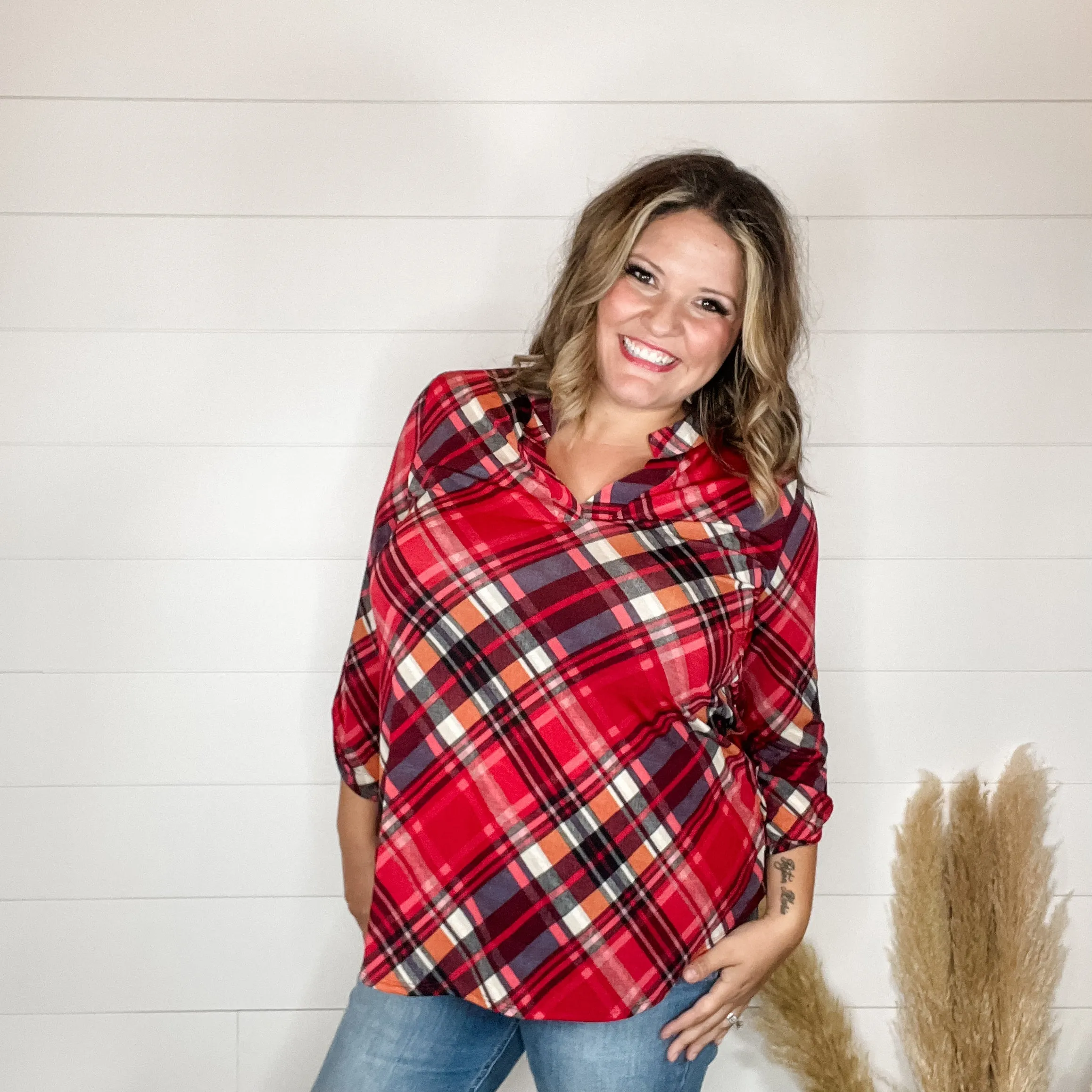 "Apple Crisp" Plaid Lizzy 3/4 Sleeve Split Neck