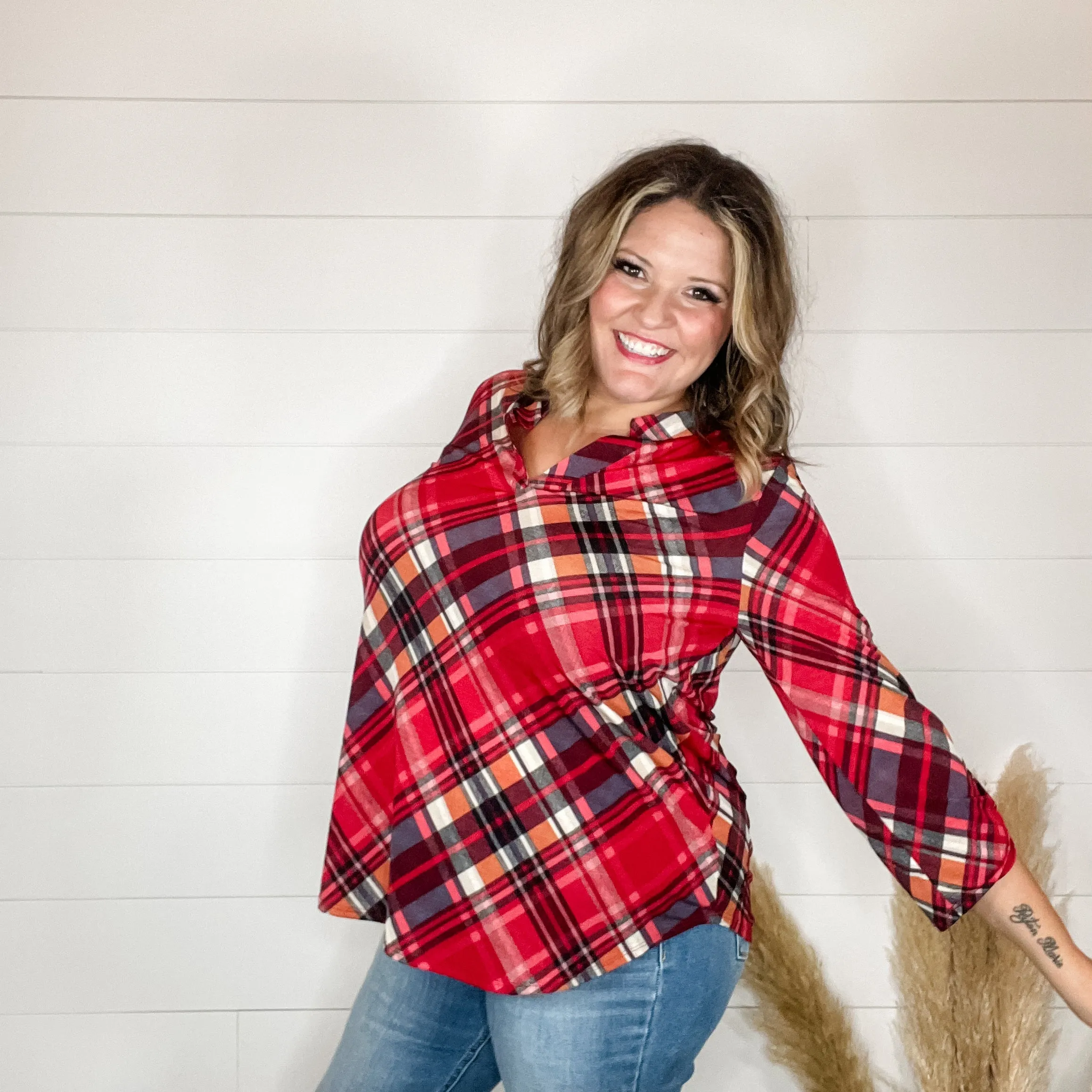 "Apple Crisp" Plaid Lizzy 3/4 Sleeve Split Neck