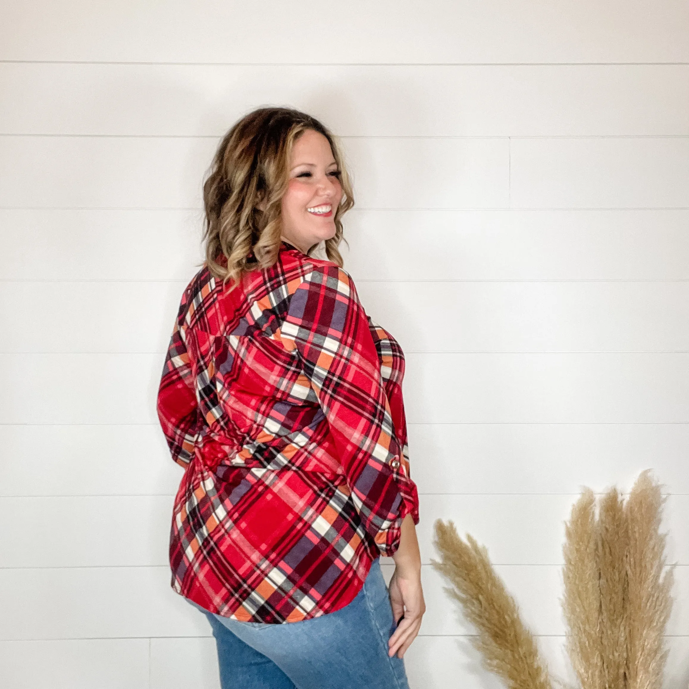 "Apple Crisp" Plaid Lizzy 3/4 Sleeve Split Neck