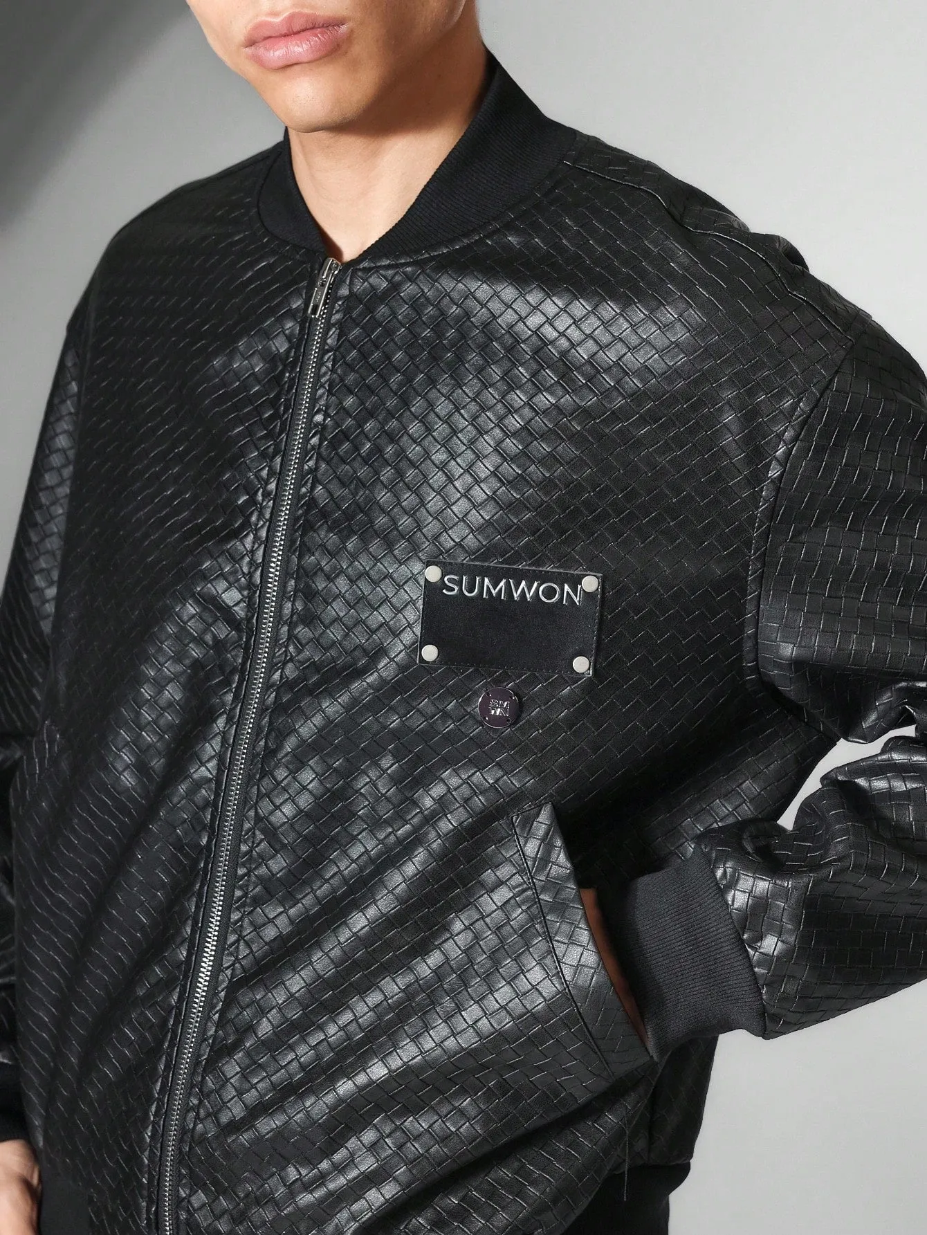 Regular Fit PU Weave Bomber Jacket