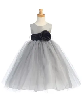 Silver Flower Girl Dress w/ Choice of Flower & Sash (12-90P)