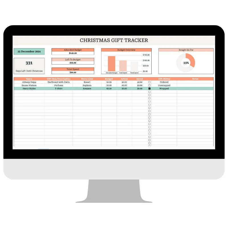 Simple Christmas Gift Tracker Spreadsheet