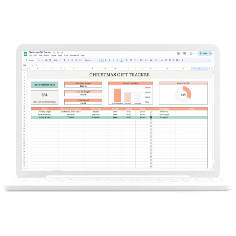 Simple Christmas Gift Tracker Spreadsheet