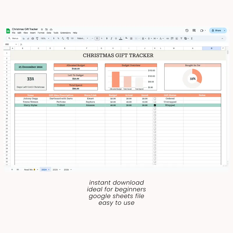 Simple Christmas Gift Tracker Spreadsheet