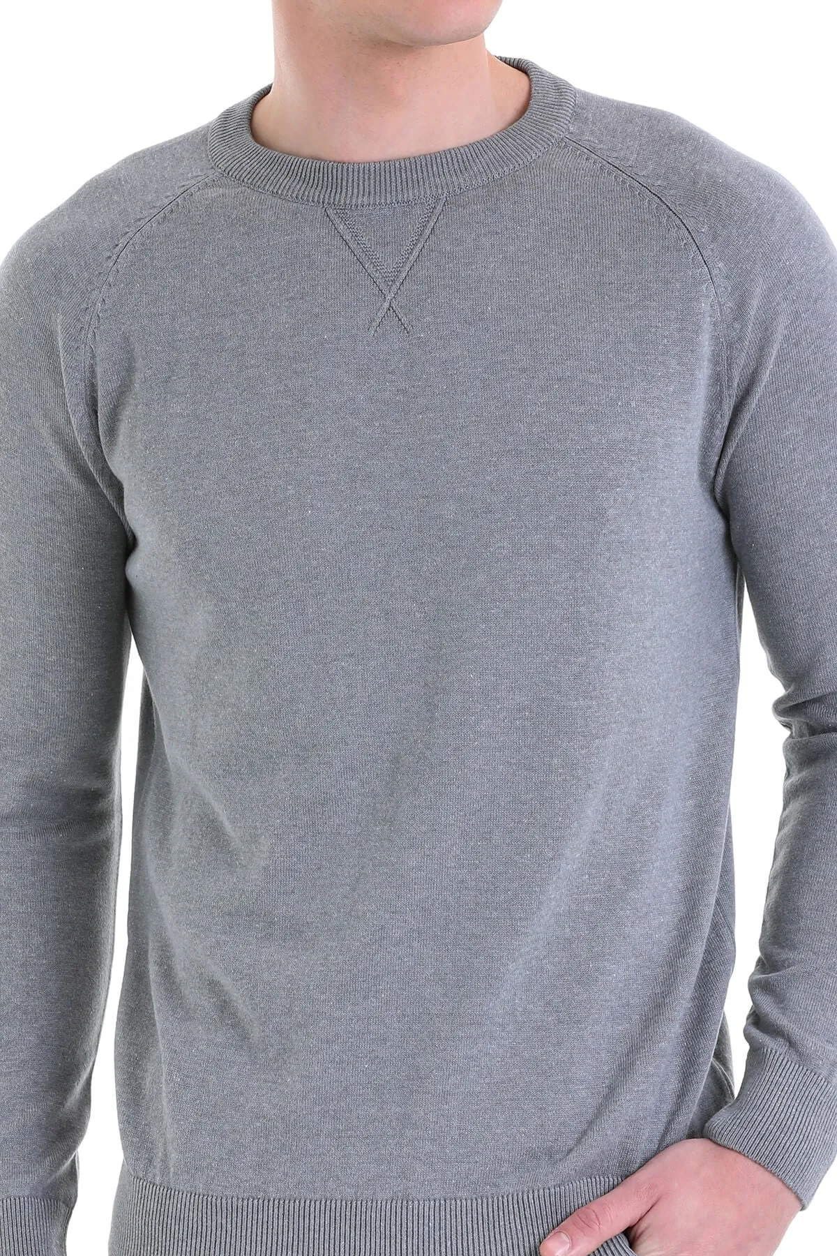 Slim Fit Gray Cotton Blend Crewneck Sweater