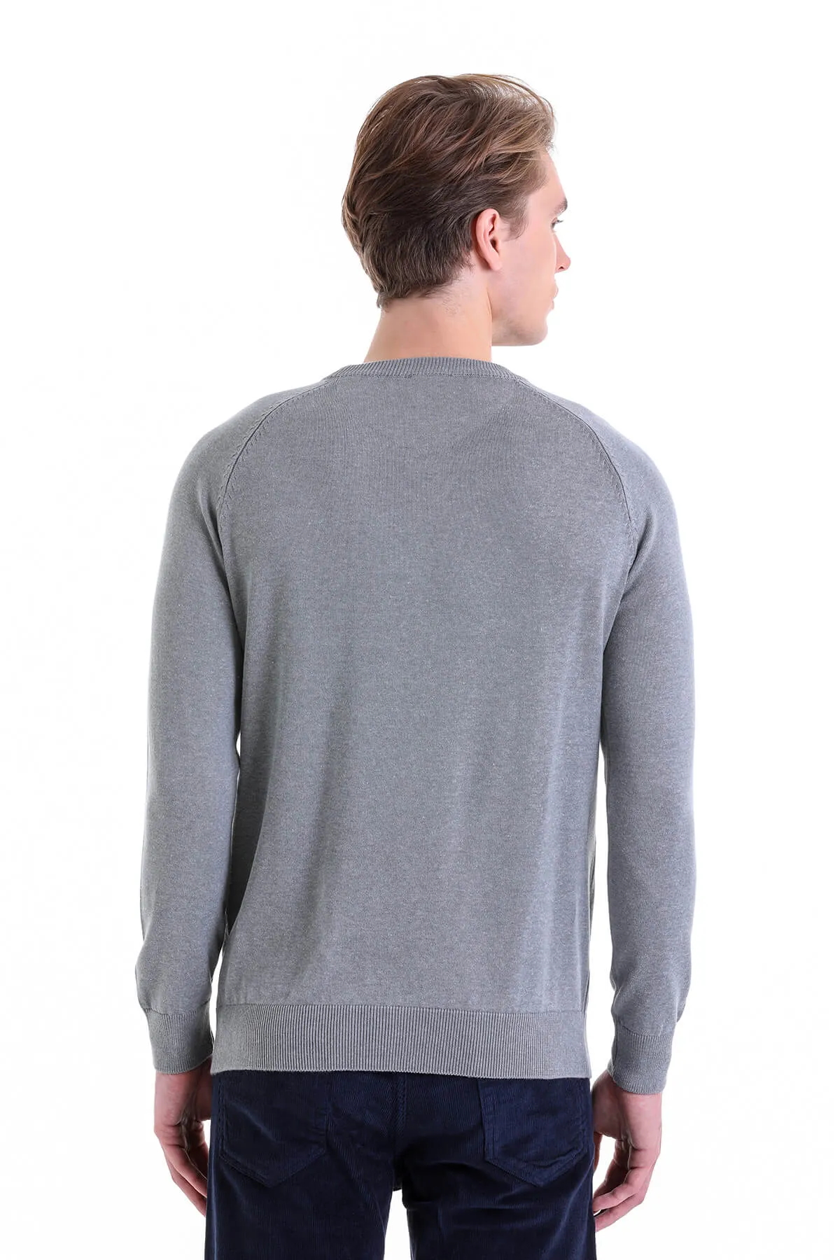 Slim Fit Gray Cotton Blend Crewneck Sweater