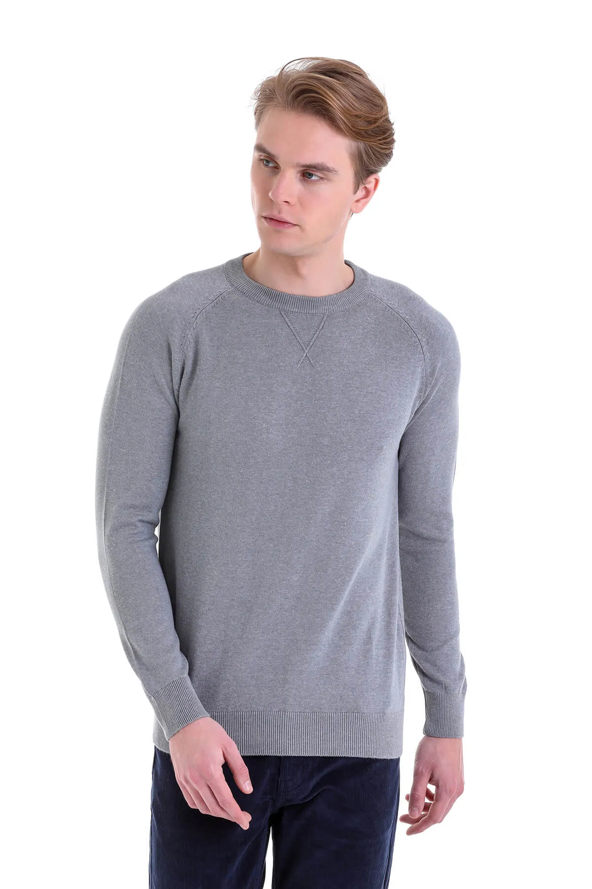 Slim Fit Gray Cotton Blend Crewneck Sweater