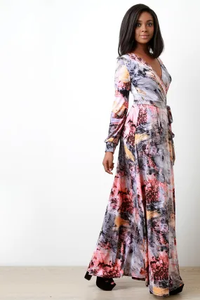 Spraypaint Print Faux Wrap Sash Maxi Dress