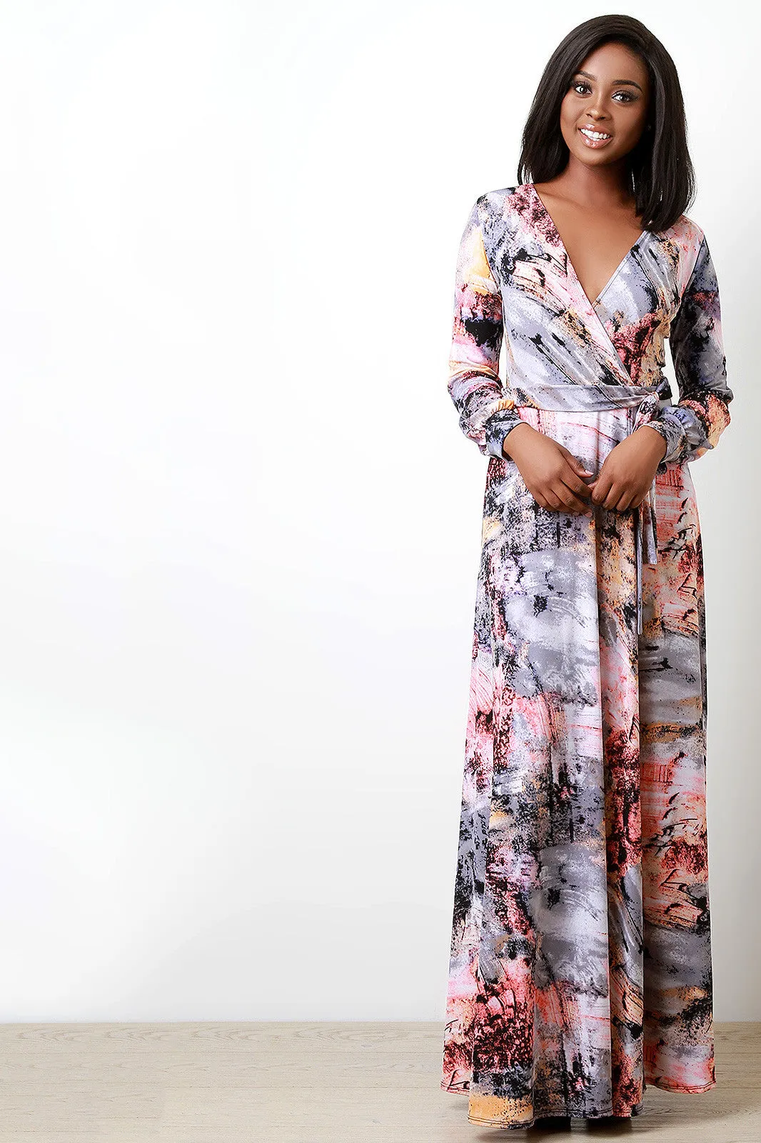 Spraypaint Print Faux Wrap Sash Maxi Dress