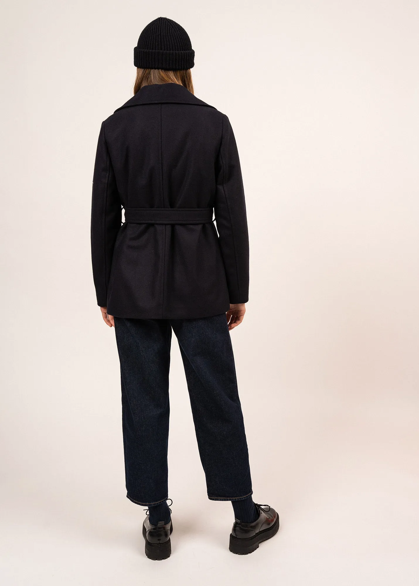 Ste Laury short coat - belted, in wool cloth (NAVY)