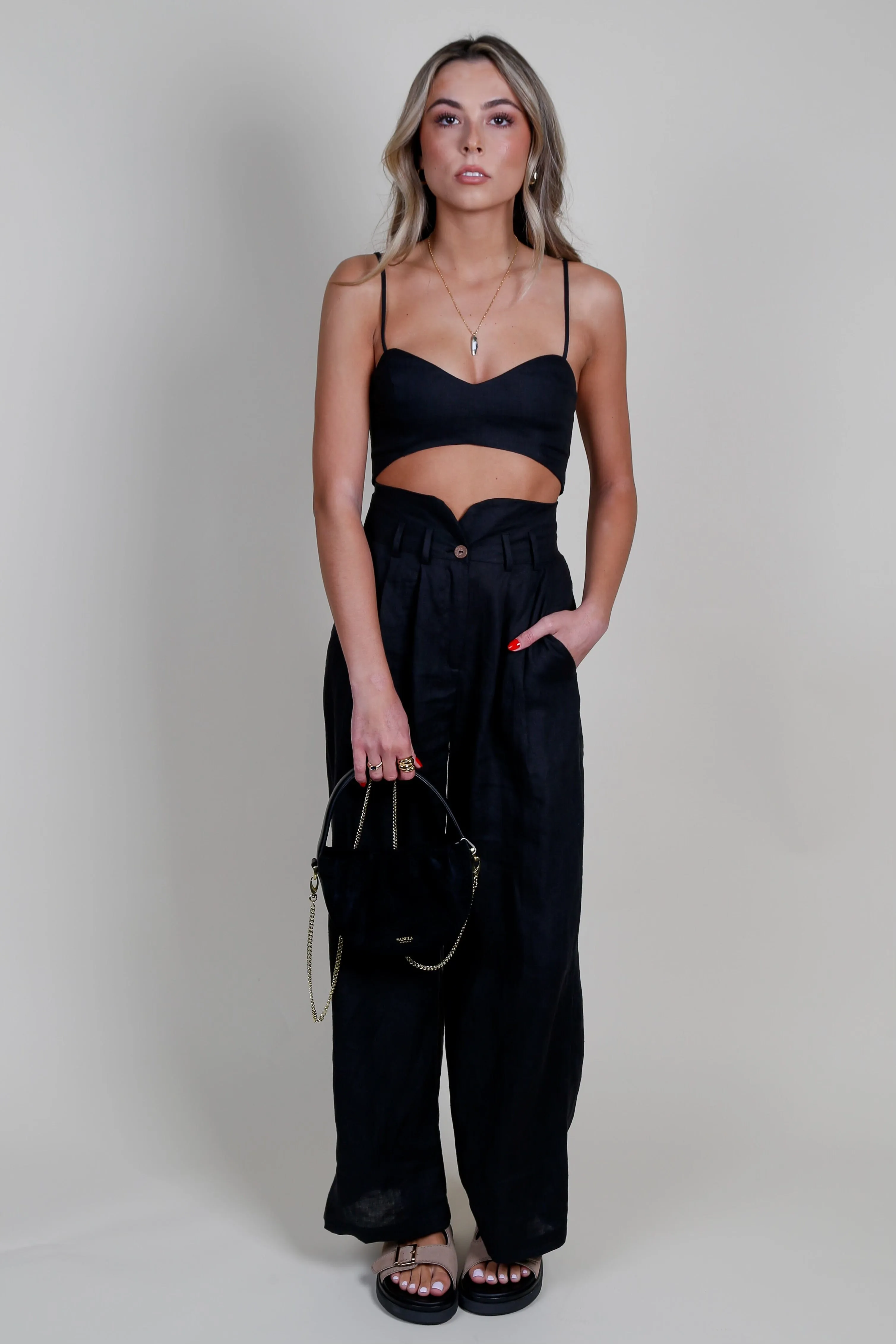 STILLWATER | Linen Knotch Waist Pant - Black