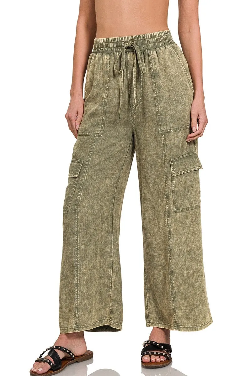 Stone Wash Linen Cargo Pants