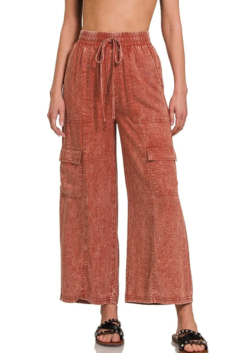 Stone Wash Linen Cargo Pants