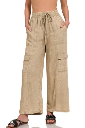 Stone Wash Linen Cargo Pants