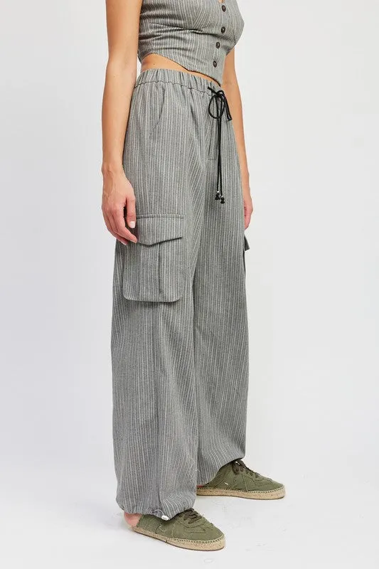 STRIPED CARGO PANTS WITH WAIST DRAWSTRING