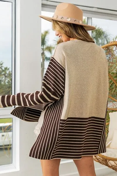 Striped Contrast Long Sleeve Slit Top