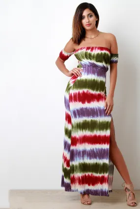 Striped Tie Dye Off The Shoulder Band Sleeves Dress