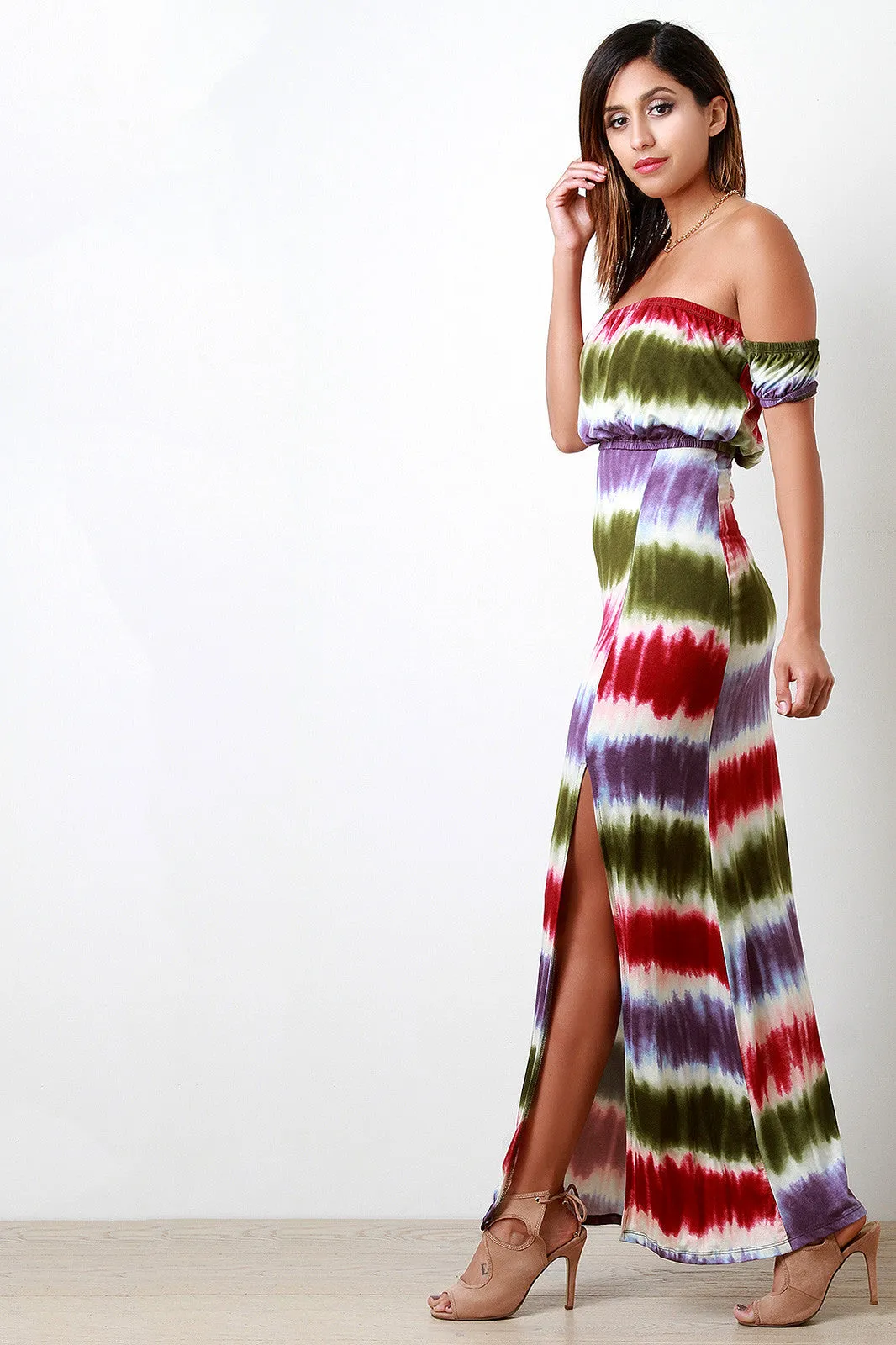 Striped Tie Dye Off The Shoulder Band Sleeves Dress