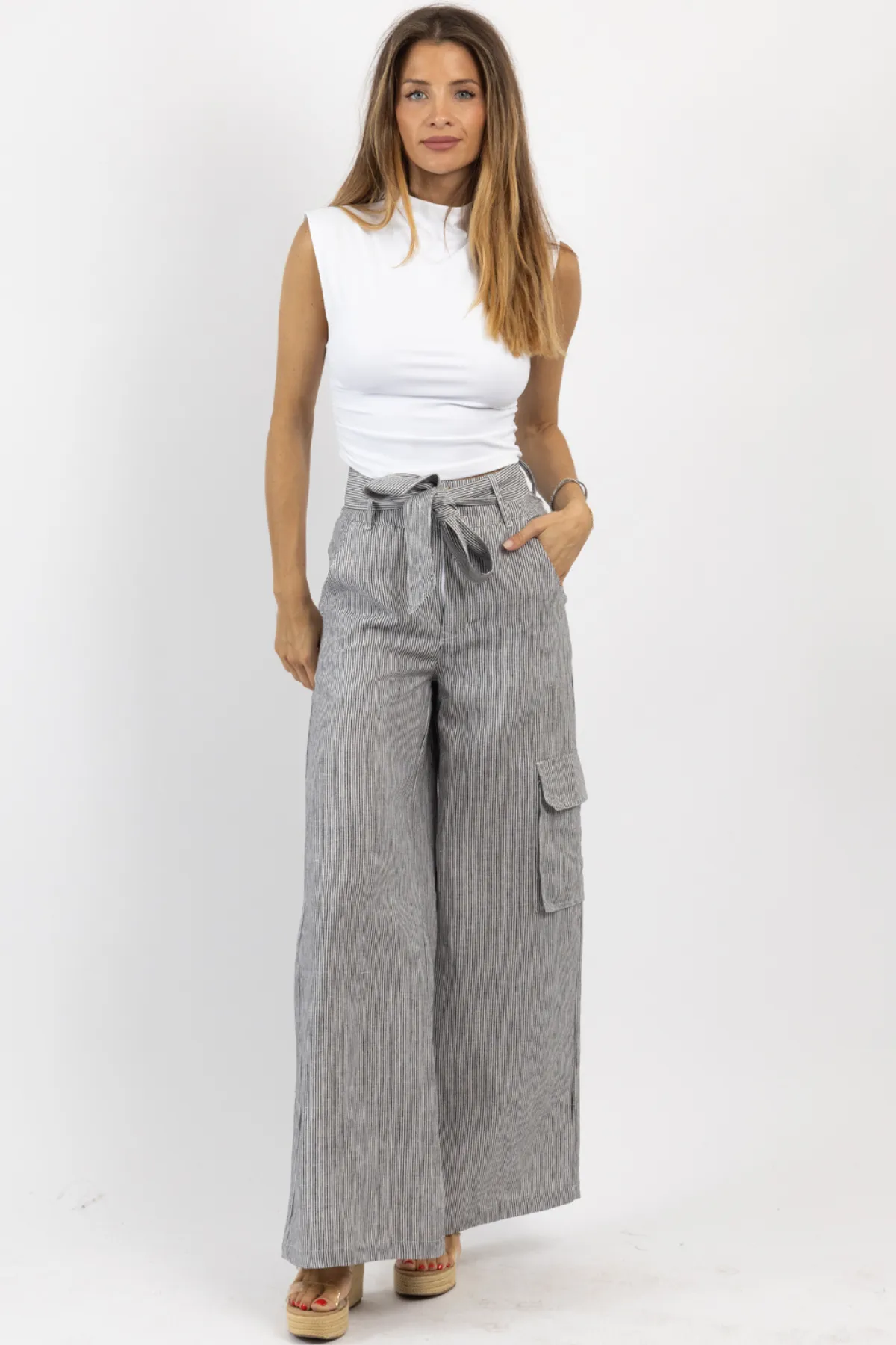 TATE BLACK STRIPED LINEN PANT