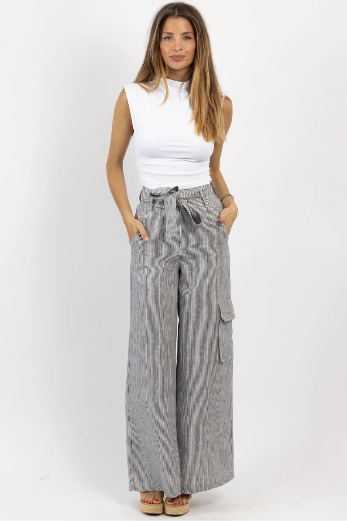 TATE BLACK STRIPED LINEN PANT