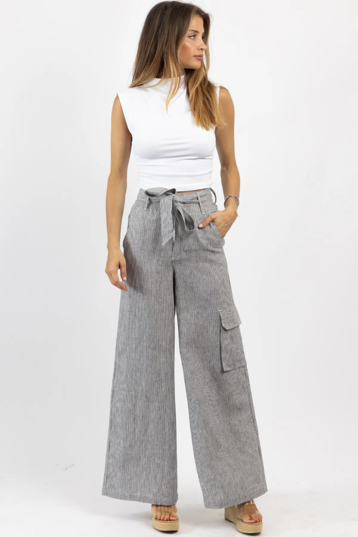 TATE BLACK STRIPED LINEN PANT