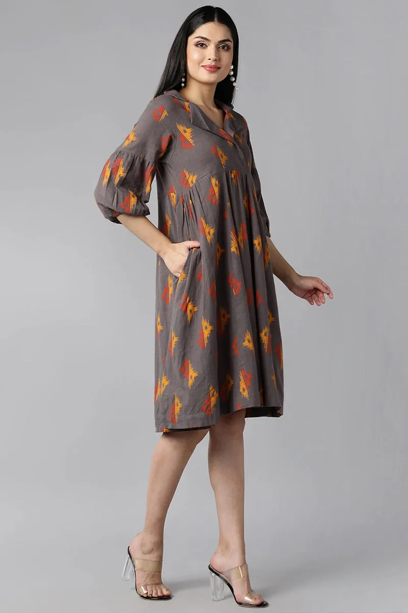 Taupe Cotton Blend Abstract Print Flared Midi Dress