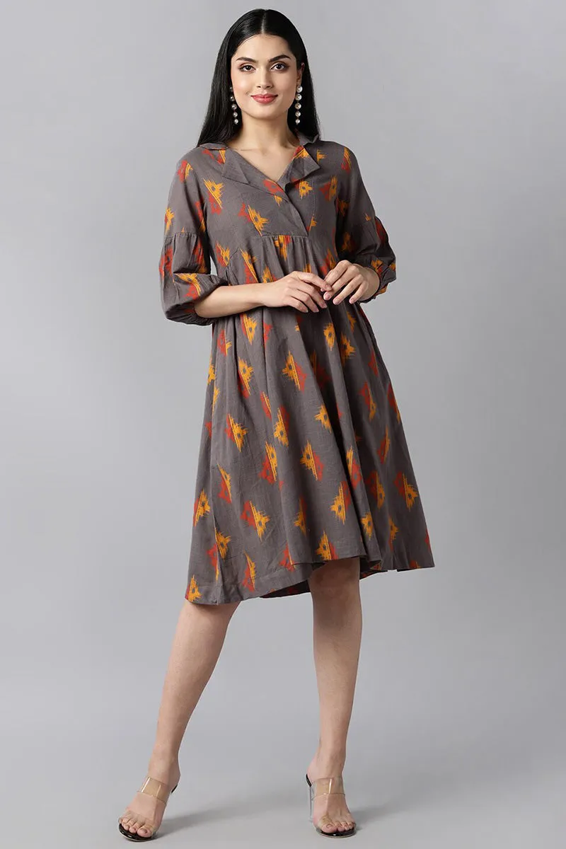 Taupe Cotton Blend Abstract Print Flared Midi Dress