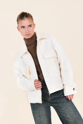 Teddy bomber jacket met rits off white - Xaja