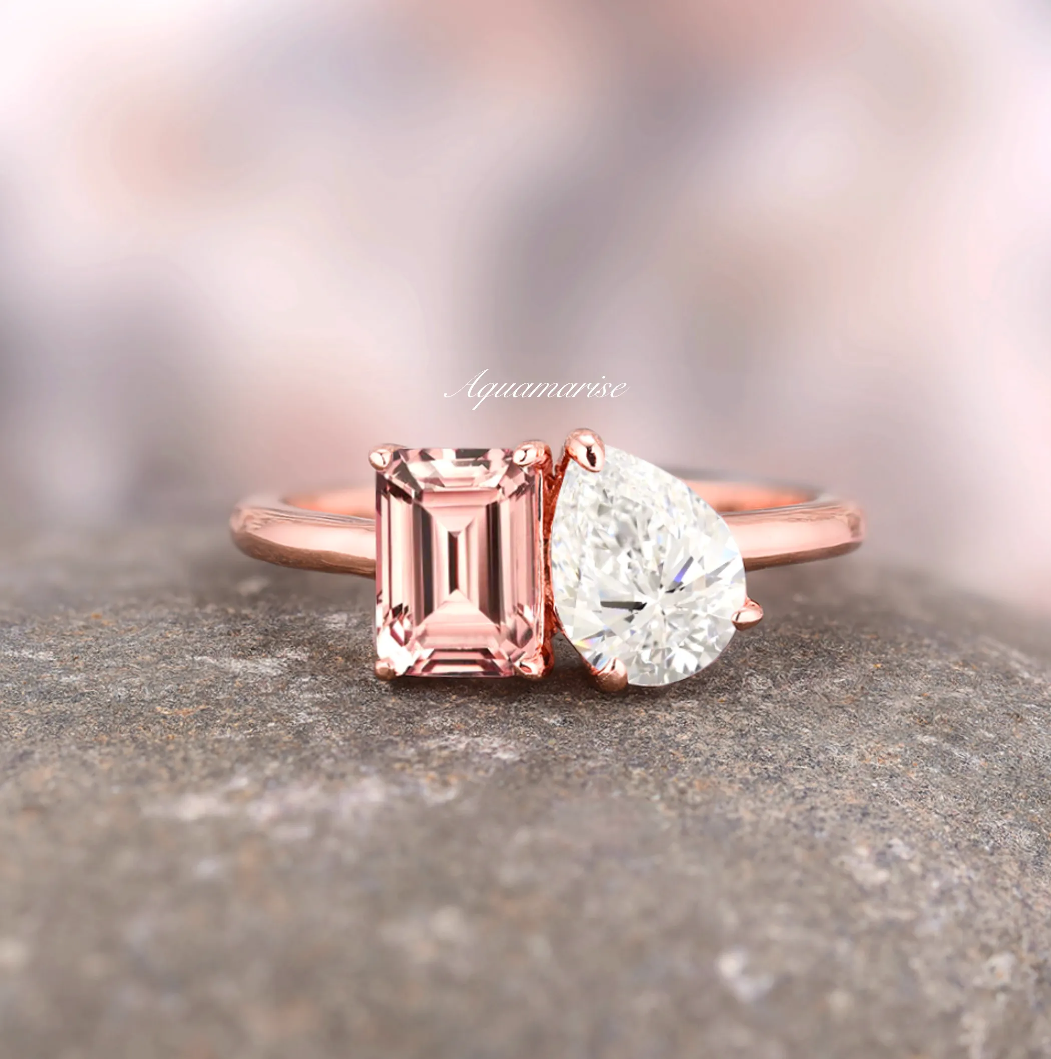 'Toi Et Moi' Morganite & Diamond (cz) Ring- 14K Rose Gold Vermeil