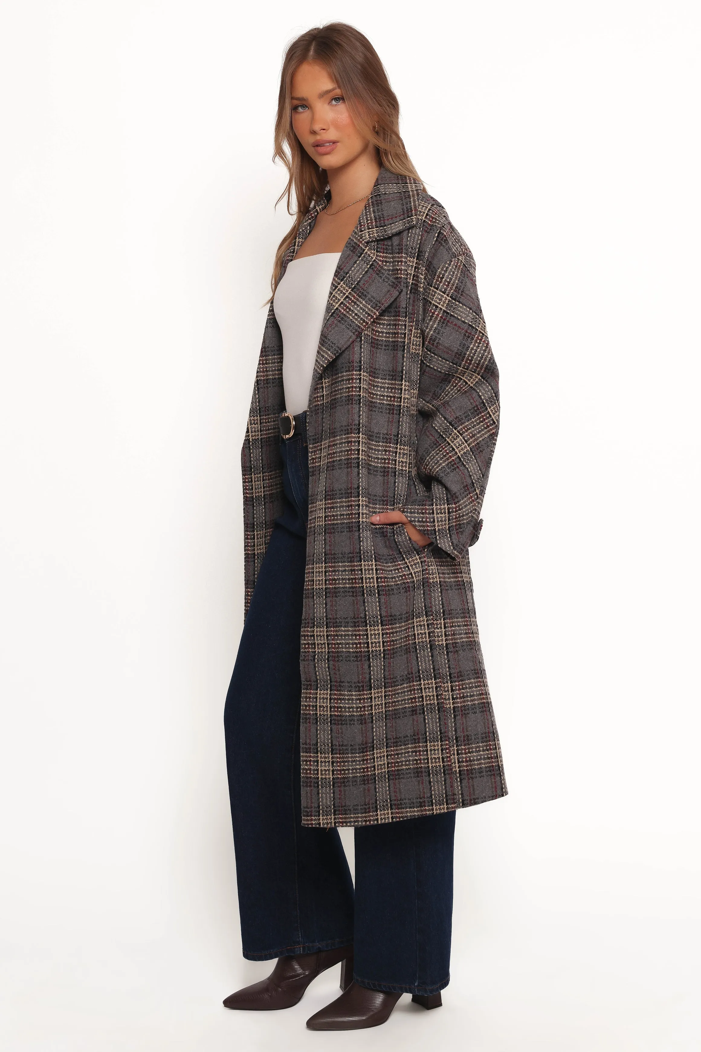 Torie Waist Tie Long Coat - Grey Check