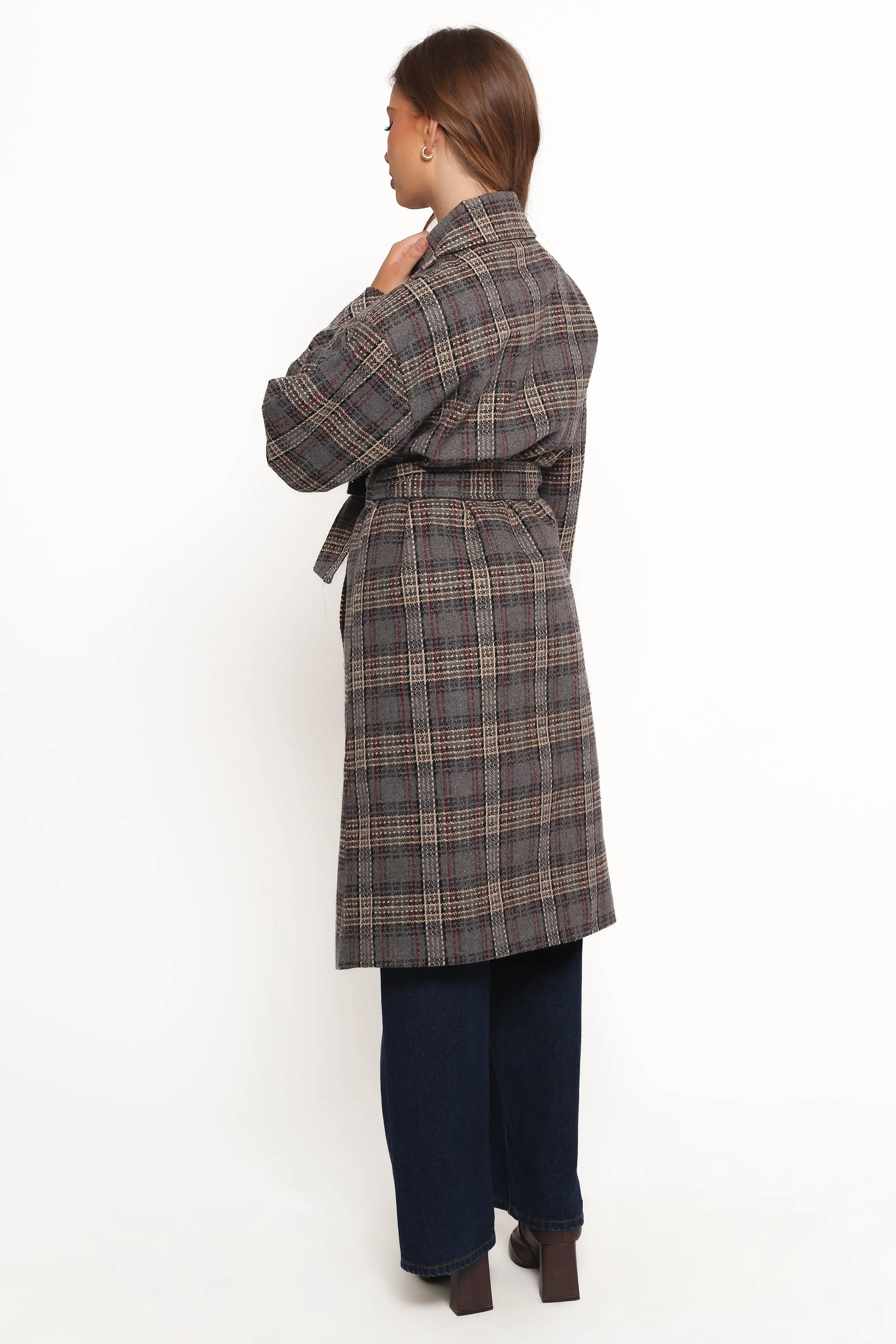 Torie Waist Tie Long Coat - Grey Check