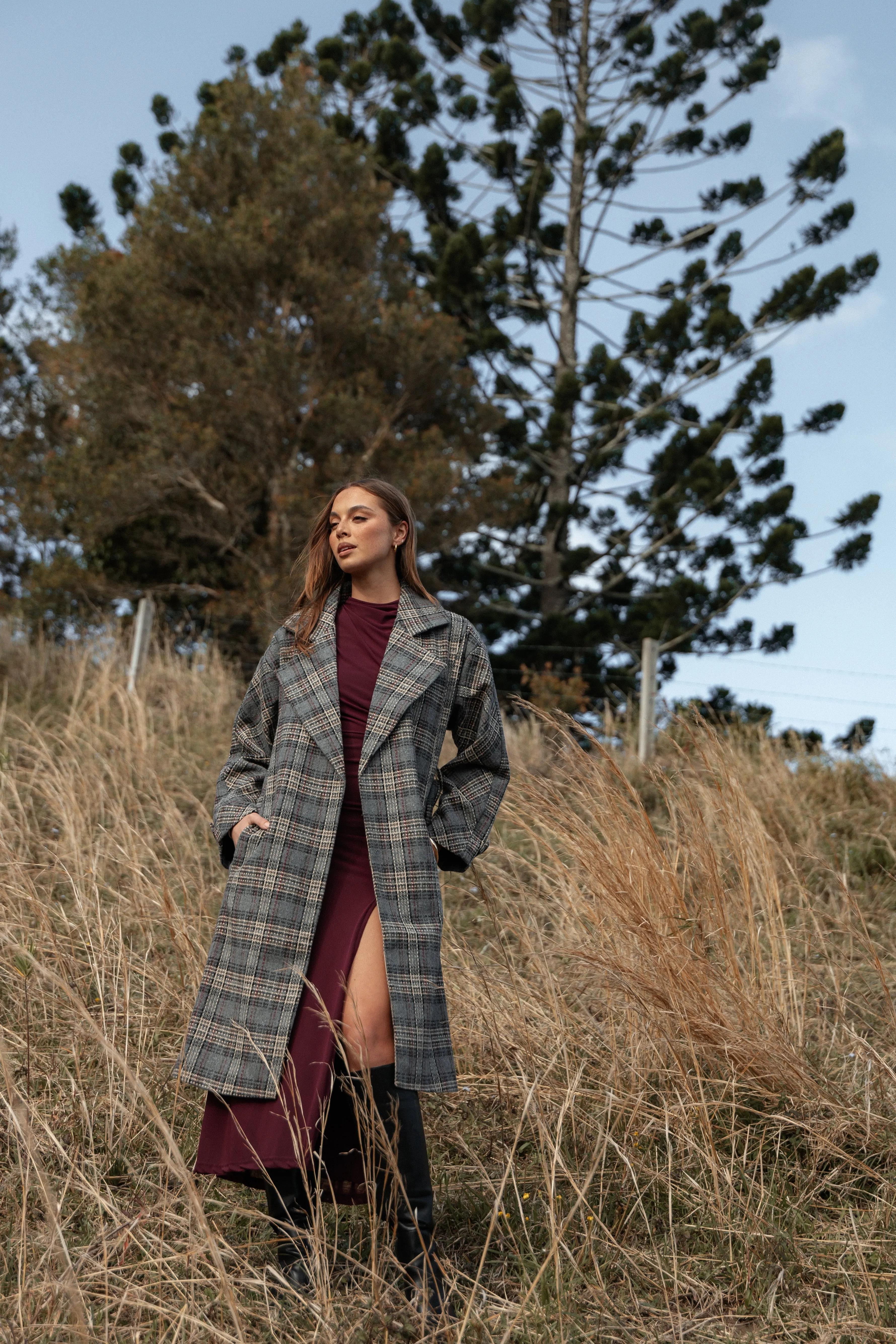 Torie Waist Tie Long Coat - Grey Check