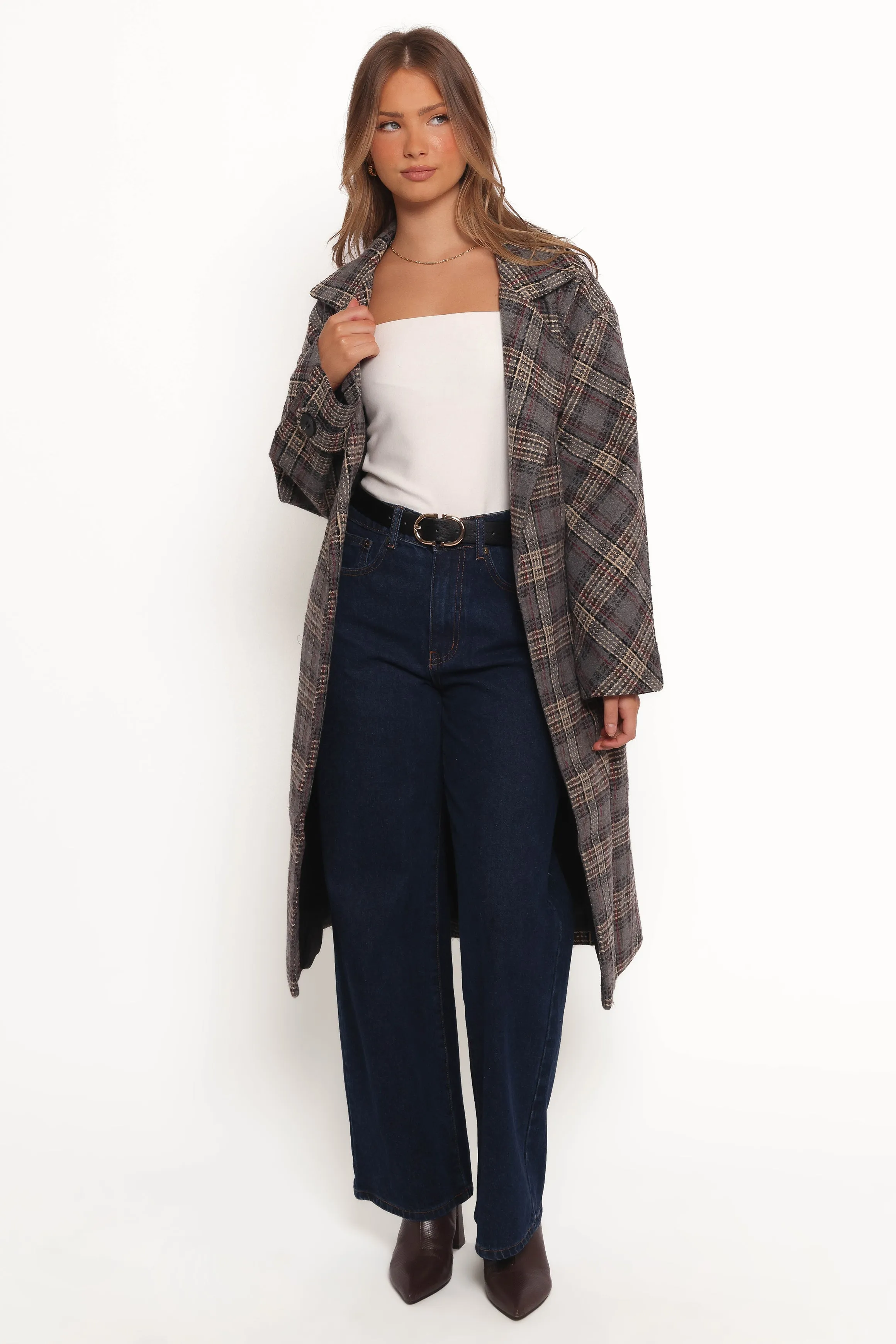 Torie Waist Tie Long Coat - Grey Check