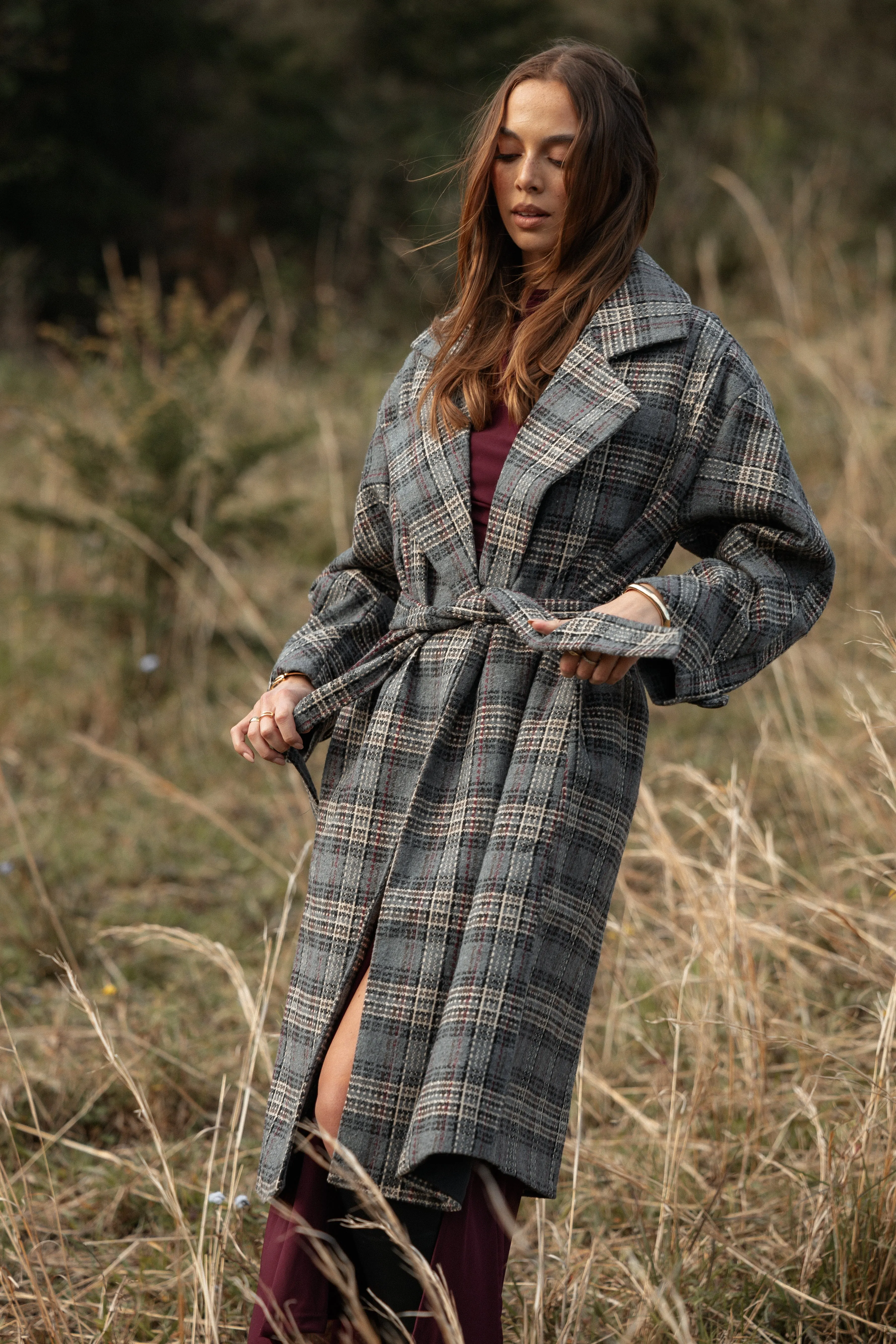 Torie Waist Tie Long Coat - Grey Check